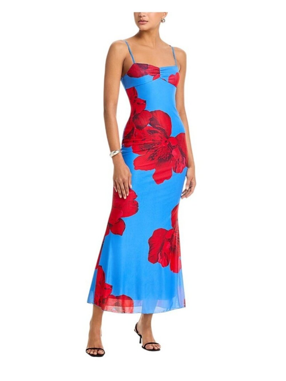 NWT Aqua Womens Floral Mesh Maxi Dress DI11619BL Blue / Red XS